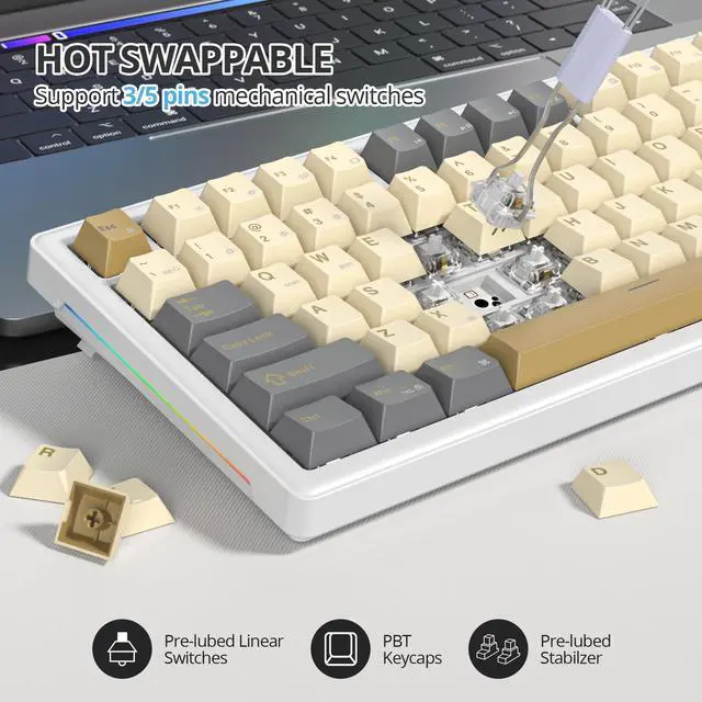 Alt view image 5 of 6 - SbocKeeb 75% Retro Mechanical Keyboard Gasket with Knob, Custom Wired Creamy Gaming Keyboard TKL 75 Percent Hot Swappable RGB Backlit, Pre-lubed Switch for Win/MAC PC LaptopShimmer/White Switch