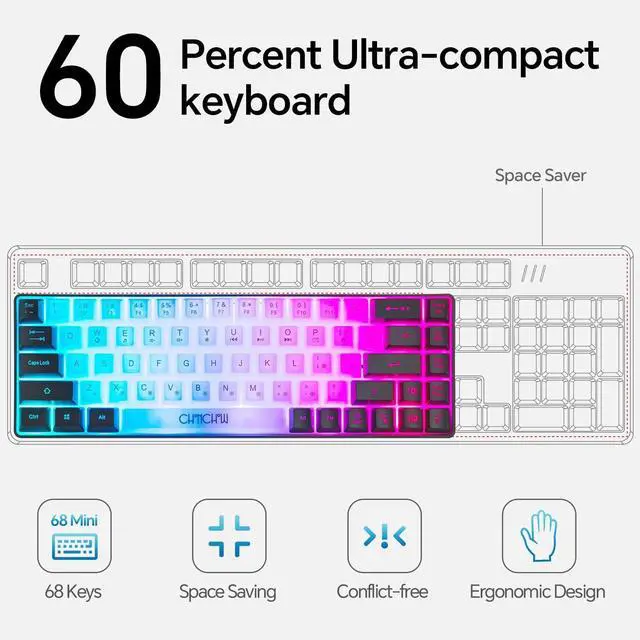 Alt view image 2 of 6 - CHONCHOW Mini RGB 60% Gaming Keyboard, 68 Keys Small Compact USB Wired Rainbow Light Up Backlit Gaming Keyboard for Xbox PS4 PS5 PC Laptop Gamer(White-Black)