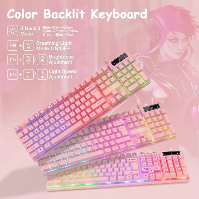 Alt view image 2 of 7 - CHONCHOW Pink Gaming Keyboard and Mouse Combo with led, 104 Keys Wired Light Up Keyboard and Colorful Mouse for PC Laptop Computer PS4 Xbox, 19 Keys Anti-Ghosting, Multimedia Keys, Number Pad