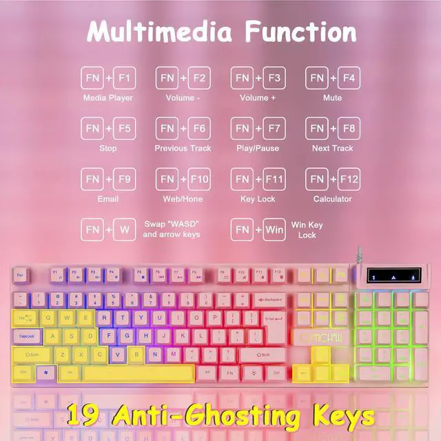 Alt view image 4 of 7 - CHONCHOW Pink Gaming Keyboard and Mouse Combo with led, 104 Keys Wired Light Up Keyboard and Colorful Mouse for PC Laptop Computer PS4 Xbox, 19 Keys Anti-Ghosting, Multimedia Keys, Number Pad