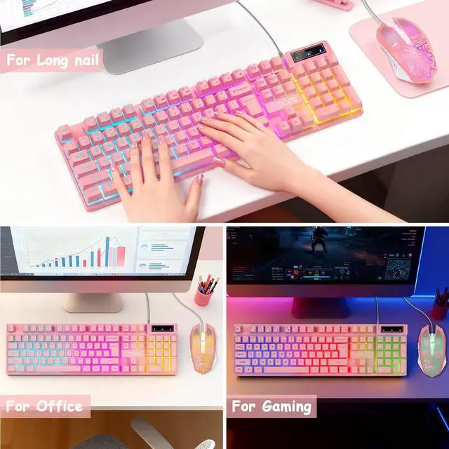 Alt view image 5 of 7 - CHONCHOW Pink Gaming Keyboard and Mouse Combo with led, 104 Keys Wired Light Up Keyboard and Colorful Mouse for PC Laptop Computer PS4 Xbox, 19 Keys Anti-Ghosting, Multimedia Keys, Number Pad