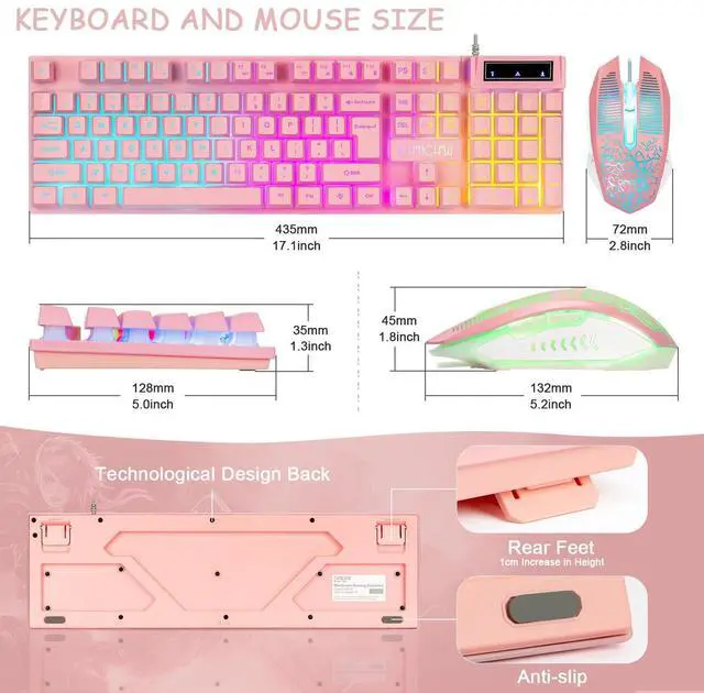 Alt view image 6 of 7 - CHONCHOW Pink Gaming Keyboard and Mouse Combo with led, 104 Keys Wired Light Up Keyboard and Colorful Mouse for PC Laptop Computer PS4 Xbox, 19 Keys Anti-Ghosting, Multimedia Keys, Number Pad