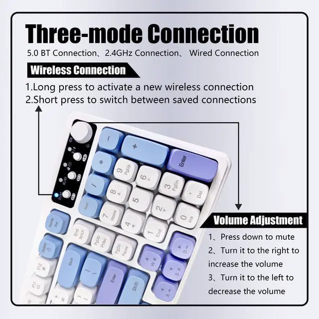 Alt view image 3 of 7 - Bangsanth Wireless Keyboard, RGB Backlight Keyboard, Tri-Mode BT5.0/2.4GHz/USB-C, 99-Key Creamy, Anti-ghosting Keys, Compatible with PC, Mac, Gaming Consoles