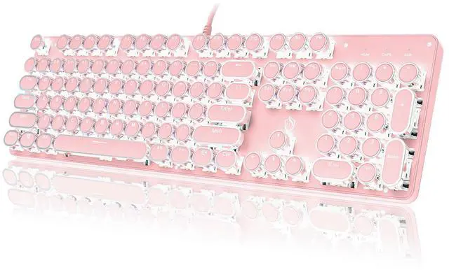 Main image of Typewriter Style Mechanical Gaming Keyboard White Backlit Wired with Blue Switch Retro Round Keycap 104 Keys Keyboard (Pink)