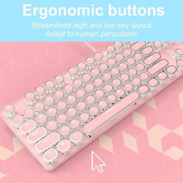 Alt view image 2 of 7 - Typewriter Style Mechanical Gaming Keyboard White Backlit Wired with Blue Switch Retro Round Keycap 104 Keys Keyboard (Pink)