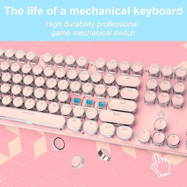 Alt view image 3 of 7 - Typewriter Style Mechanical Gaming Keyboard White Backlit Wired with Blue Switch Retro Round Keycap 104 Keys Keyboard (Pink)