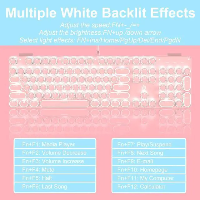 Alt view image 4 of 7 - Typewriter Style Mechanical Gaming Keyboard White Backlit Wired with Blue Switch Retro Round Keycap 104 Keys Keyboard (Pink)