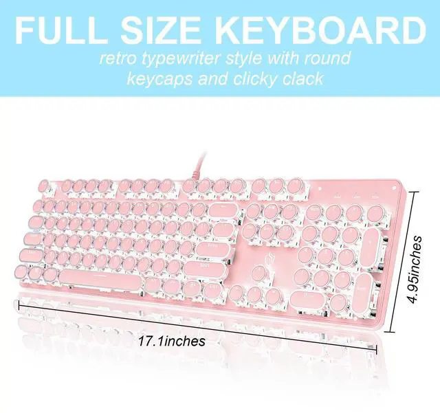 Alt view image 5 of 7 - Typewriter Style Mechanical Gaming Keyboard White Backlit Wired with Blue Switch Retro Round Keycap 104 Keys Keyboard (Pink)