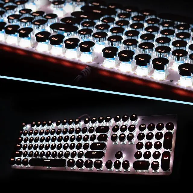 Alt view image 6 of 7 - Typewriter Style Mechanical Gaming Keyboard White Backlit Wired with Blue Switch Retro Round Keycap 104 Keys Keyboard (Pink)