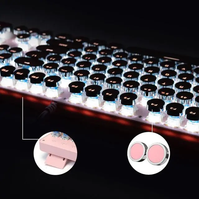Alt view image 7 of 7 - Typewriter Style Mechanical Gaming Keyboard White Backlit Wired with Blue Switch Retro Round Keycap 104 Keys Keyboard (Pink)