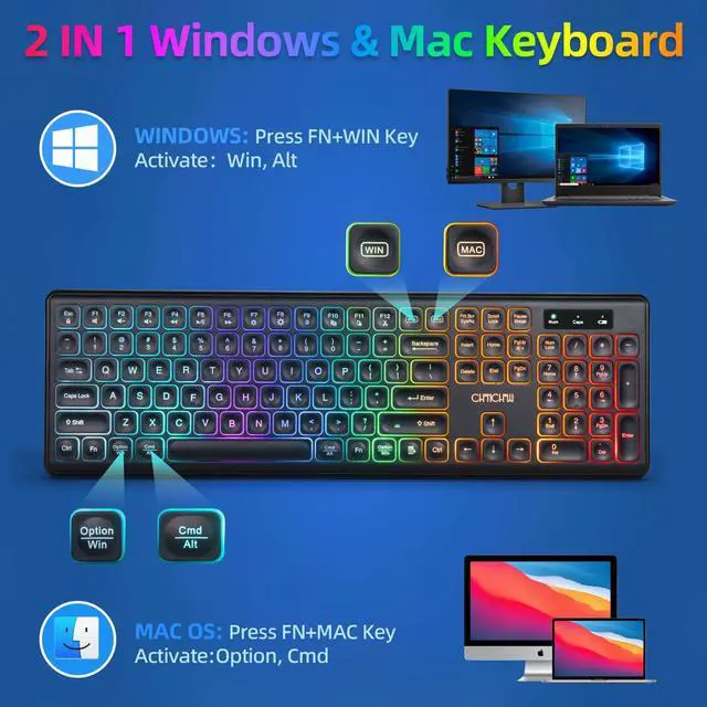 Alt view image 2 of 7 - Wireless Keyboard and Mouse Combo, Rechargeable Rainbow LED Light Up Wireless Keyboard and Mouse 2.4GHz Quiet Mouse and Keyboard for Mac, Windows, Laptop, PC Xbox PS4 PS5 (Office/Gaming)