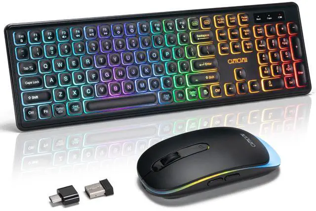 Main image of Wireless Keyboard and Mouse Combo, Rechargeable Rainbow LED Light Up Wireless Keyboard and Mouse 2.4GHz Quiet Mouse and Keyboard for Mac, Windows, Laptop, PC Xbox PS4 PS5 (Office/Gaming)