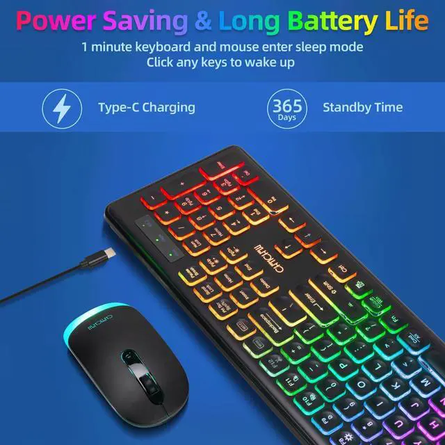 Alt view image 4 of 7 - Wireless Keyboard and Mouse Combo, Rechargeable Rainbow LED Light Up Wireless Keyboard and Mouse 2.4GHz Quiet Mouse and Keyboard for Mac, Windows, Laptop, PC Xbox PS4 PS5 (Office/Gaming)