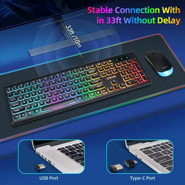 Alt view image 3 of 7 - Wireless Keyboard and Mouse Combo, Rechargeable Rainbow LED Light Up Wireless Keyboard and Mouse 2.4GHz Quiet Mouse and Keyboard for Mac, Windows, Laptop, PC Xbox PS4 PS5 (Office/Gaming)