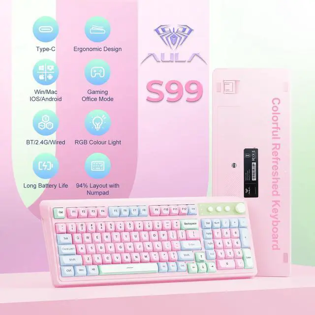 Alt view image 2 of 3 - AULA 99 Key Keyboard, Wireless Gaming Keyboard Bluetooth Computer Keyboards Creamy Cute with Number Pad RGB Backlit Tri-Mode BT/2.4GHz/USB-C - Pink