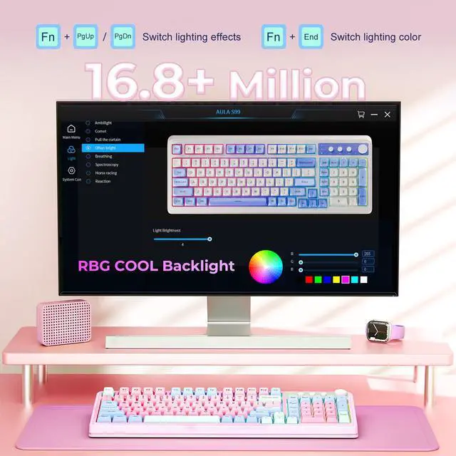Alt view image 3 of 3 - AULA 99 Key Keyboard, Wireless Gaming Keyboard Bluetooth Computer Keyboards Creamy Cute with Number Pad RGB Backlit Tri-Mode BT/2.4GHz/USB-C - Pink