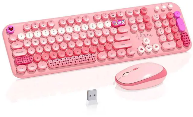 Main image of Wireless Keyboard Mouse,104 Full Size Cute Colorful Keyboard and Mouse with Retro Typewriter for PC/Mac/Laptop/Tablet/Computer/Windows/Microsoft, Pink