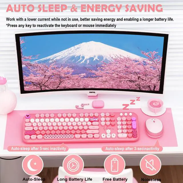Alt view image 4 of 7 - Wireless Keyboard Mouse,104 Full Size Cute Colorful Keyboard and Mouse with Retro Typewriter for PC/Mac/Laptop/Tablet/Computer/Windows/Microsoft, Pink