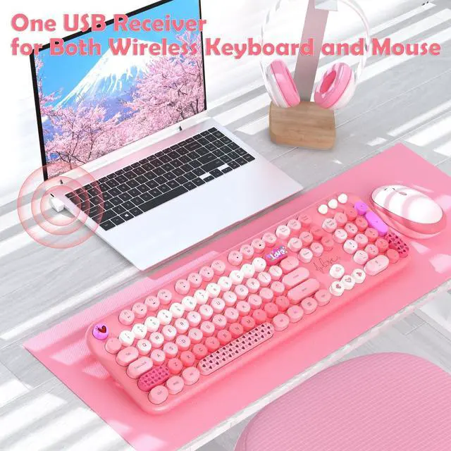 Alt view image 5 of 7 - Wireless Keyboard Mouse,104 Full Size Cute Colorful Keyboard and Mouse with Retro Typewriter for PC/Mac/Laptop/Tablet/Computer/Windows/Microsoft, Pink