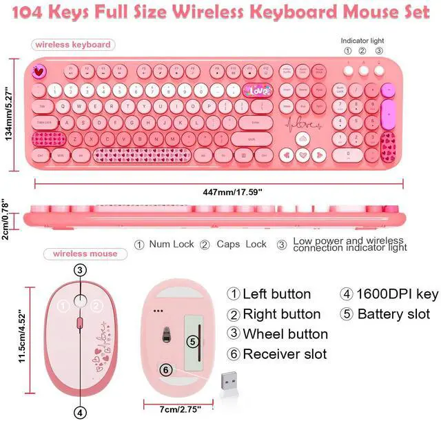 Alt view image 7 of 7 - Wireless Keyboard Mouse,104 Full Size Cute Colorful Keyboard and Mouse with Retro Typewriter for PC/Mac/Laptop/Tablet/Computer/Windows/Microsoft, Pink