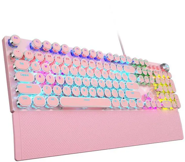 Main image of Vszerda F2088 Typewriter Mechanical Keyboard, Pink Retro Wired Gaming Keyboard with Blue Switches, Rainbow Backlit, Round Keycaps, Media Knob & Removable Wrist Rest
