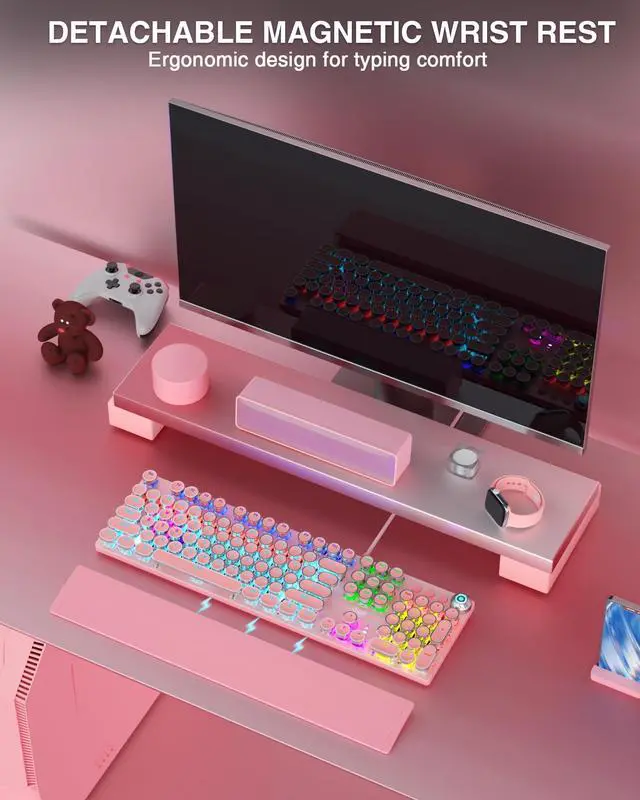 Alt view image 2 of 7 - Vszerda F2088 Typewriter Mechanical Keyboard, Pink Retro Wired Gaming Keyboard with Blue Switches, Rainbow Backlit, Round Keycaps, Media Knob & Removable Wrist Rest