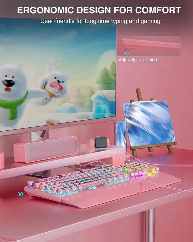 Alt view image 7 of 7 - Vszerda F2088 Typewriter Mechanical Keyboard, Pink Retro Wired Gaming Keyboard with Blue Switches, Rainbow Backlit, Round Keycaps, Media Knob & Removable Wrist Rest