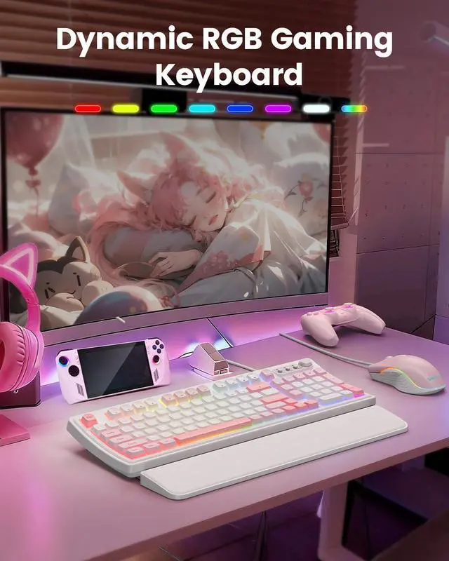 Alt view image 2 of 7 - SABLUTE Wired Gaming Keyboard and Mouse, RGB Backlit Mechanical Feel Keyboard and Mouse, Multimedia Knob & Anti-Ghosting Ergonomic Premium Leather Wrist Rest for Game (Pink)
