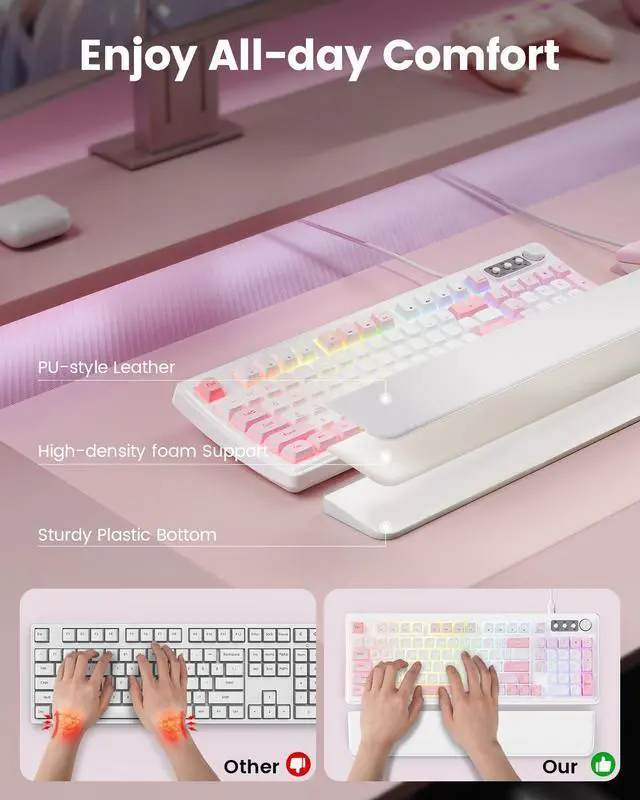 Alt view image 3 of 7 - SABLUTE Wired Gaming Keyboard and Mouse, RGB Backlit Mechanical Feel Keyboard and Mouse, Multimedia Knob & Anti-Ghosting Ergonomic Premium Leather Wrist Rest for Game (Pink)