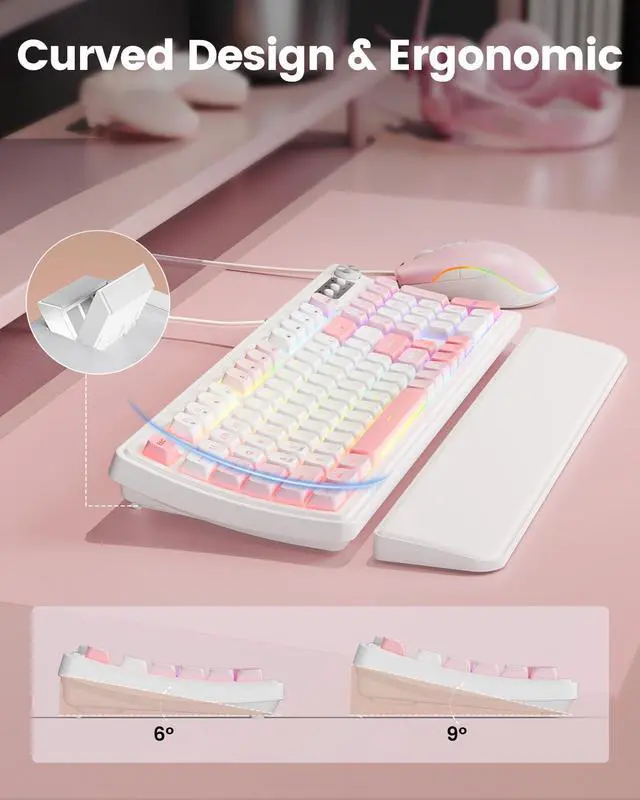 Alt view image 4 of 7 - SABLUTE Wired Gaming Keyboard and Mouse, RGB Backlit Mechanical Feel Keyboard and Mouse, Multimedia Knob & Anti-Ghosting Ergonomic Premium Leather Wrist Rest for Game (Pink)