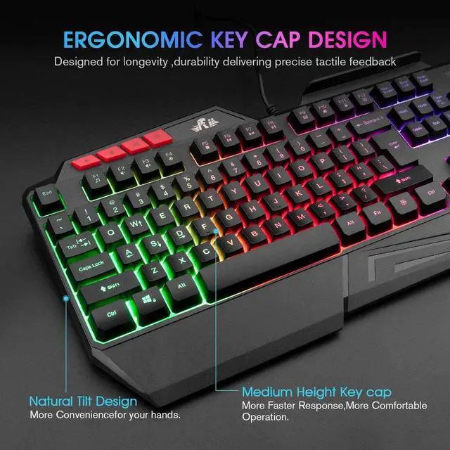 Alt view image 2 of 6 - Rii RK202 RGB Gaming Keyboard Multiple Color Rainbow LED Backlit USB Wired Gaming Keyboard with Wrist Rest for Windows & Mac PC Gamers (Black)