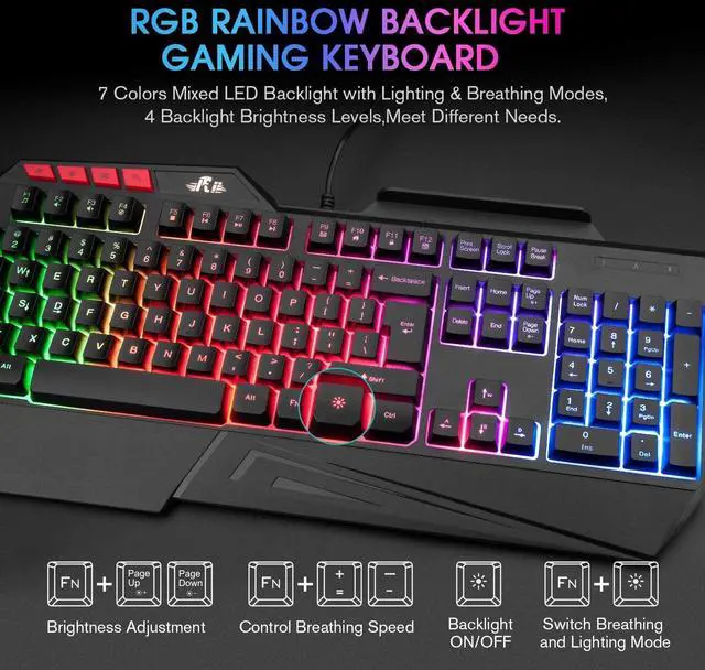 Alt view image 3 of 6 - Rii RK202 RGB Gaming Keyboard Multiple Color Rainbow LED Backlit USB Wired Gaming Keyboard with Wrist Rest for Windows & Mac PC Gamers (Black)