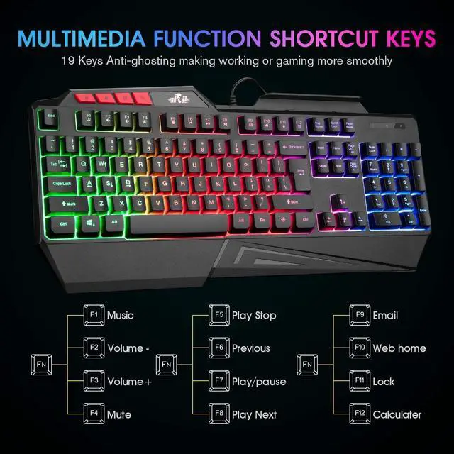Alt view image 4 of 6 - Rii RK202 RGB Gaming Keyboard Multiple Color Rainbow LED Backlit USB Wired Gaming Keyboard with Wrist Rest for Windows & Mac PC Gamers (Black)