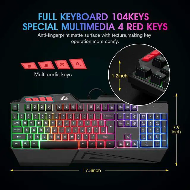 Alt view image 5 of 6 - Rii RK202 RGB Gaming Keyboard Multiple Color Rainbow LED Backlit USB Wired Gaming Keyboard with Wrist Rest for Windows & Mac PC Gamers (Black)