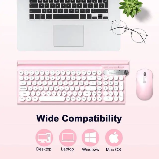 Alt view image 6 of 7 - Wireless Keyboard and Mouse Combo,Cute Retro Typewriter Keyboard with Silent Mouse Combo,Multimedia Hotkeys, 2.4GHz Cordless for Windows PC, Desktop Laptop(Pink)
