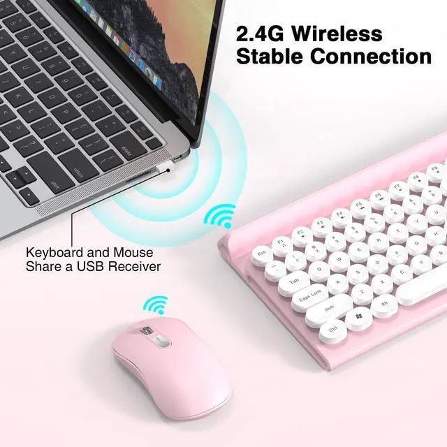 Alt view image 2 of 7 - Wireless Keyboard and Mouse Combo,Cute Retro Typewriter Keyboard with Silent Mouse Combo,Multimedia Hotkeys, 2.4GHz Cordless for Windows PC, Desktop Laptop(Pink)