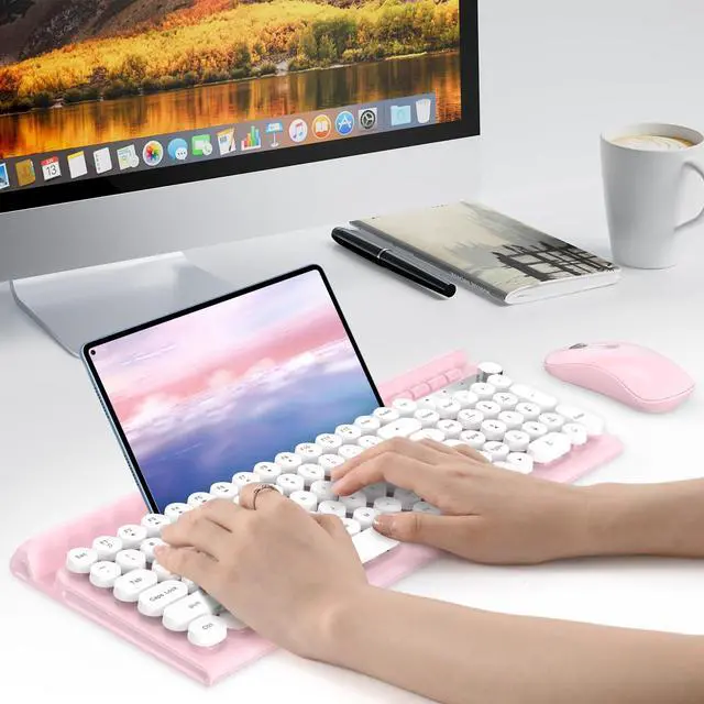 Alt view image 7 of 7 - Wireless Keyboard and Mouse Combo,Cute Retro Typewriter Keyboard with Silent Mouse Combo,Multimedia Hotkeys, 2.4GHz Cordless for Windows PC, Desktop Laptop(Pink)