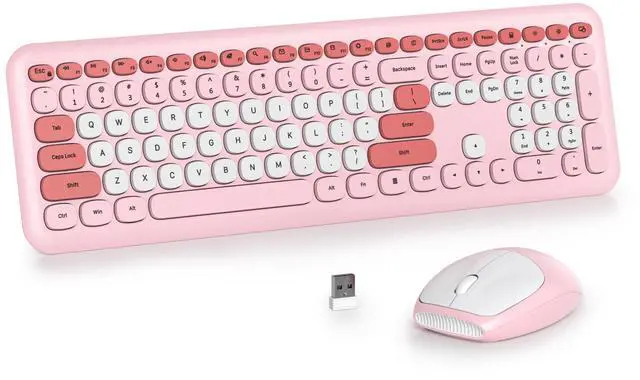 Main image of Wireless Typewriter Keyboard and Mouse Combo Retro 104 Key Full Size Office Set Pink with Silent Round Keycaps, Ideal for Laptop and Desktop PCs, Cute Design Keyboard (Pink White)