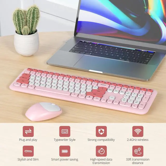 Alt view image 3 of 7 - Wireless Typewriter Keyboard and Mouse Combo Retro 104 Key Full Size Office Set Pink with Silent Round Keycaps, Ideal for Laptop and Desktop PCs, Cute Design Keyboard (Pink White)
