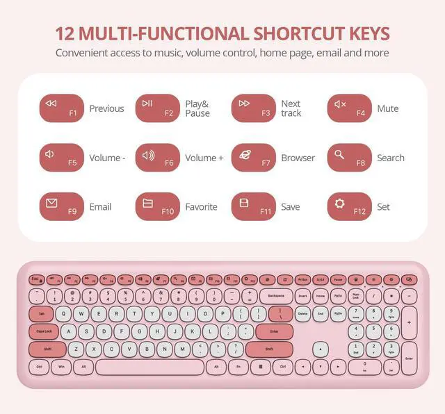 Alt view image 2 of 7 - Wireless Typewriter Keyboard and Mouse Combo Retro 104 Key Full Size Office Set Pink with Silent Round Keycaps, Ideal for Laptop and Desktop PCs, Cute Design Keyboard (Pink White)