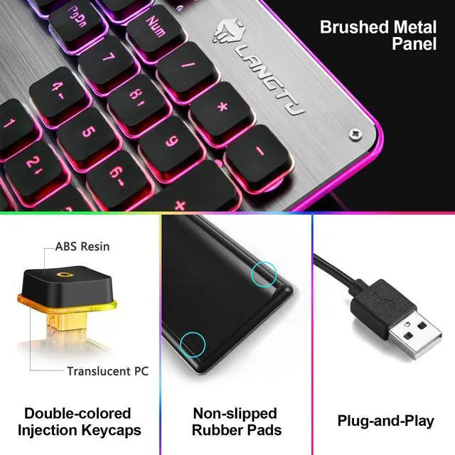 Alt view image 3 of 7 - LANGTU Membrane Gaming Keyboard, Colorful LED Backlit Quiet Keyboard for Study, All-Metal Panel USB Wired 25 Keys Anti-ghosting Computer Keyboard 104 Keys - L1 Black/Silver