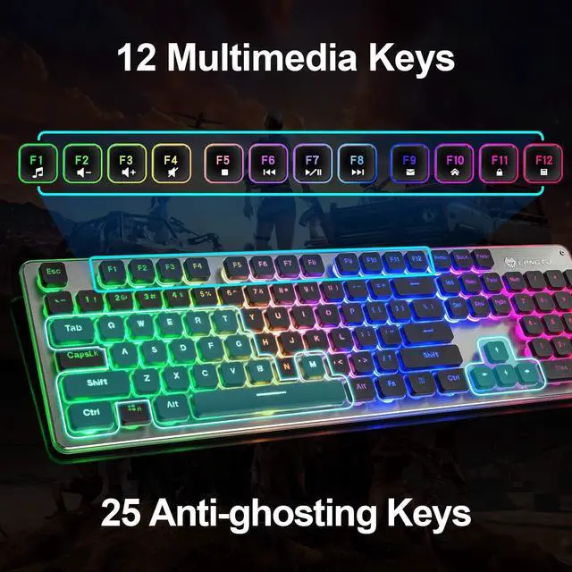 Alt view image 6 of 7 - LANGTU Membrane Gaming Keyboard, Colorful LED Backlit Quiet Keyboard for Study, All-Metal Panel USB Wired 25 Keys Anti-ghosting Computer Keyboard 104 Keys - L1 Black/Silver