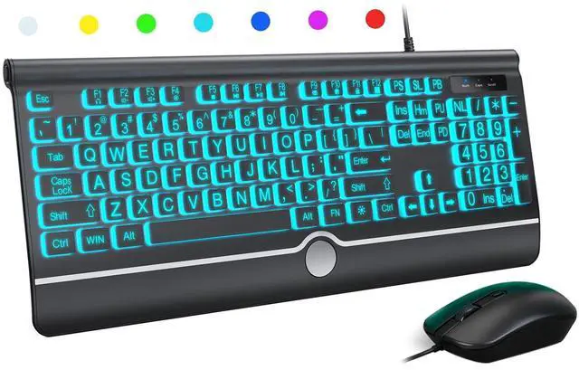 Main image of Wired Keyboard and Mouse Combo - Large Print Light Up Keyboard, USB Silent Wired Backlit Keyboard and Optical Mouse for Windows, PC, Laptop - Easy to See, USB Play and Plug