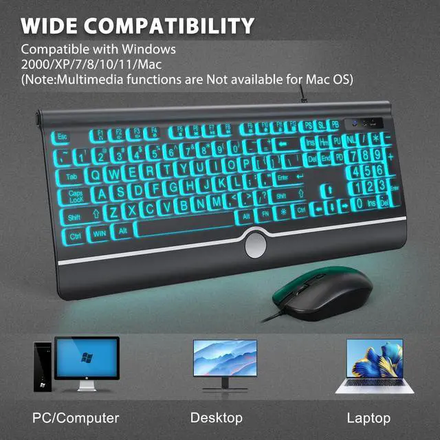 Alt view image 7 of 7 - Wired Keyboard and Mouse Combo - Large Print Light Up Keyboard, USB Silent Wired Backlit Keyboard and Optical Mouse for Windows, PC, Laptop - Easy to See, USB Play and Plug