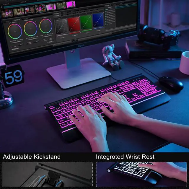 Alt view image 5 of 7 - Wired Keyboard and Mouse Combo - Large Print Light Up Keyboard, USB Silent Wired Backlit Keyboard and Optical Mouse for Windows, PC, Laptop - Easy to See, USB Play and Plug