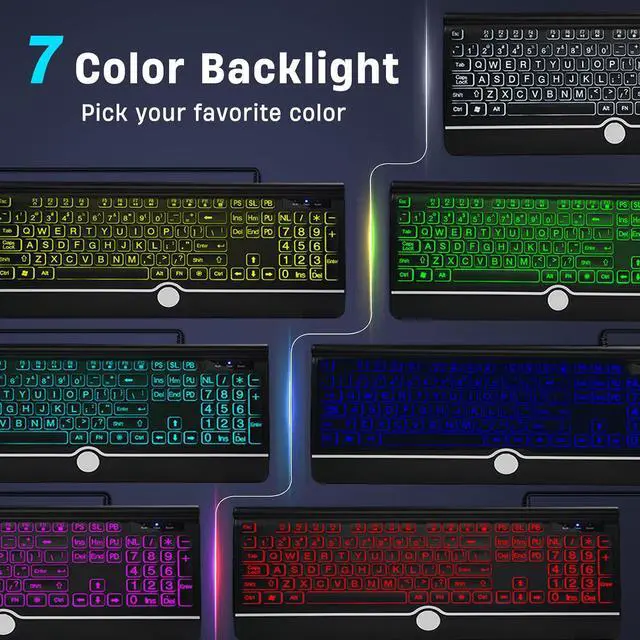 Alt view image 3 of 7 - Wired Keyboard and Mouse Combo - Large Print Light Up Keyboard, USB Silent Wired Backlit Keyboard and Optical Mouse for Windows, PC, Laptop - Easy to See, USB Play and Plug