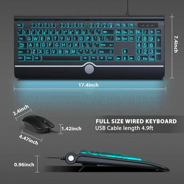 Alt view image 2 of 7 - Wired Keyboard and Mouse Combo - Large Print Light Up Keyboard, USB Silent Wired Backlit Keyboard and Optical Mouse for Windows, PC, Laptop - Easy to See, USB Play and Plug