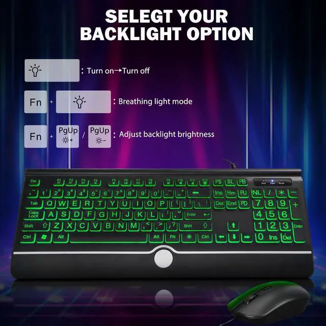 Alt view image 6 of 7 - Wired Keyboard and Mouse Combo - Large Print Light Up Keyboard, USB Silent Wired Backlit Keyboard and Optical Mouse for Windows, PC, Laptop - Easy to See, USB Play and Plug