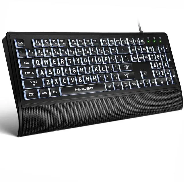 Main image of MIKUSO Large Print Backlit Computer Keyboards with Cover, Wired Keyboard White LED Illuminated, Wrist Rest,Numeric Keypad,Big Key USB Corded 104 Full Size.Easy to Read Type for Laptop, PC, Desktop