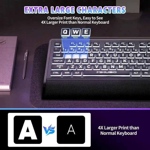 Alt view image 2 of 7 - MIKUSO Large Print Backlit Computer Keyboards with Cover, Wired Keyboard White LED Illuminated, Wrist Rest,Numeric Keypad,Big Key USB Corded 104 Full Size.Easy to Read Type for Laptop, PC, Desktop